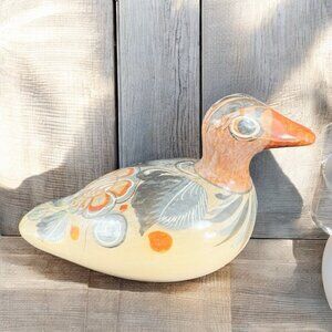 Vintage Mexican Pottery Duck Bird Figurine Tonala Pottery Signed Hand Painted